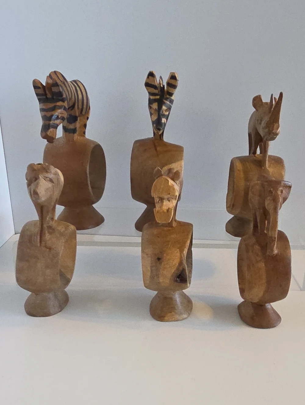 Hand Carved Wood Wild African Safari Animal Napkin Rings 6Pc Set